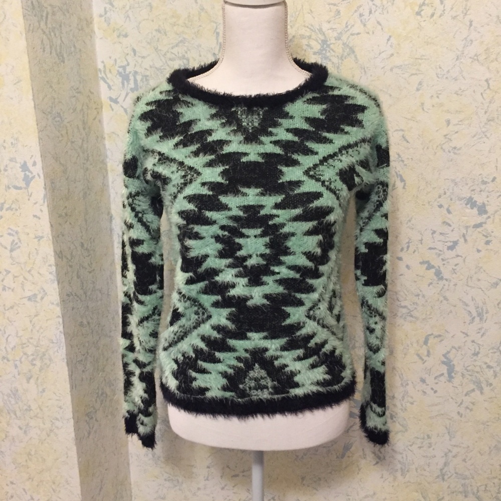 Mint Green and Black Fuzzy Sweater Med. Say What?